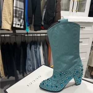 Gucci Turquoise Embellished Heeled Boots
